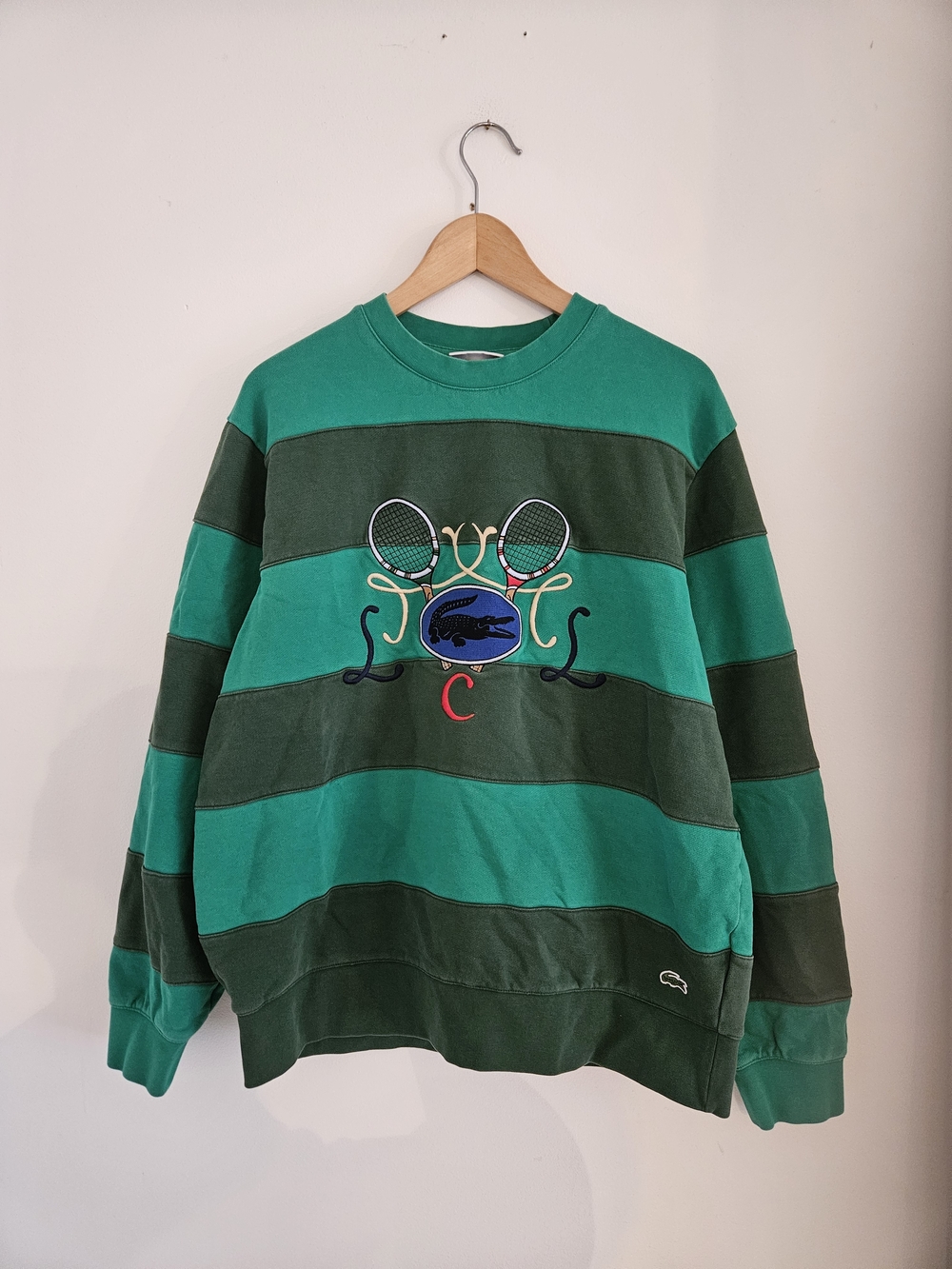 Lacoste Tennis Design Striped Crewneck Sweatshirt Mens Extra Large Embroidered
